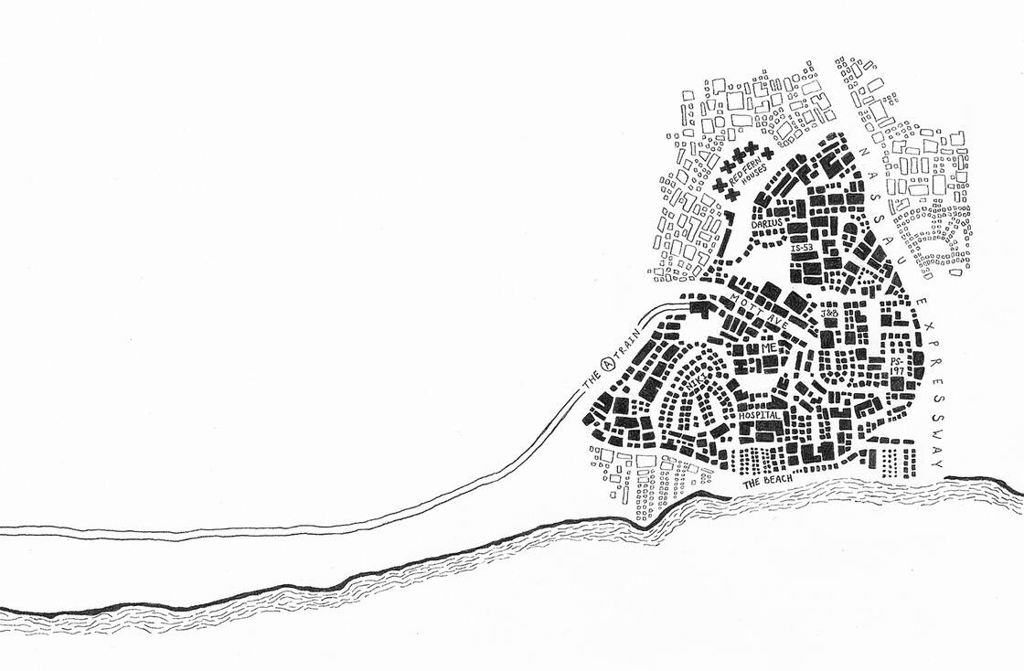 Black and white drawing. On the left almost only emptiness except at the very bottom beach and slightly above a railroad track. On the right, houses are drawn as mini-squares, so that a densely populated area becomes recognizable.