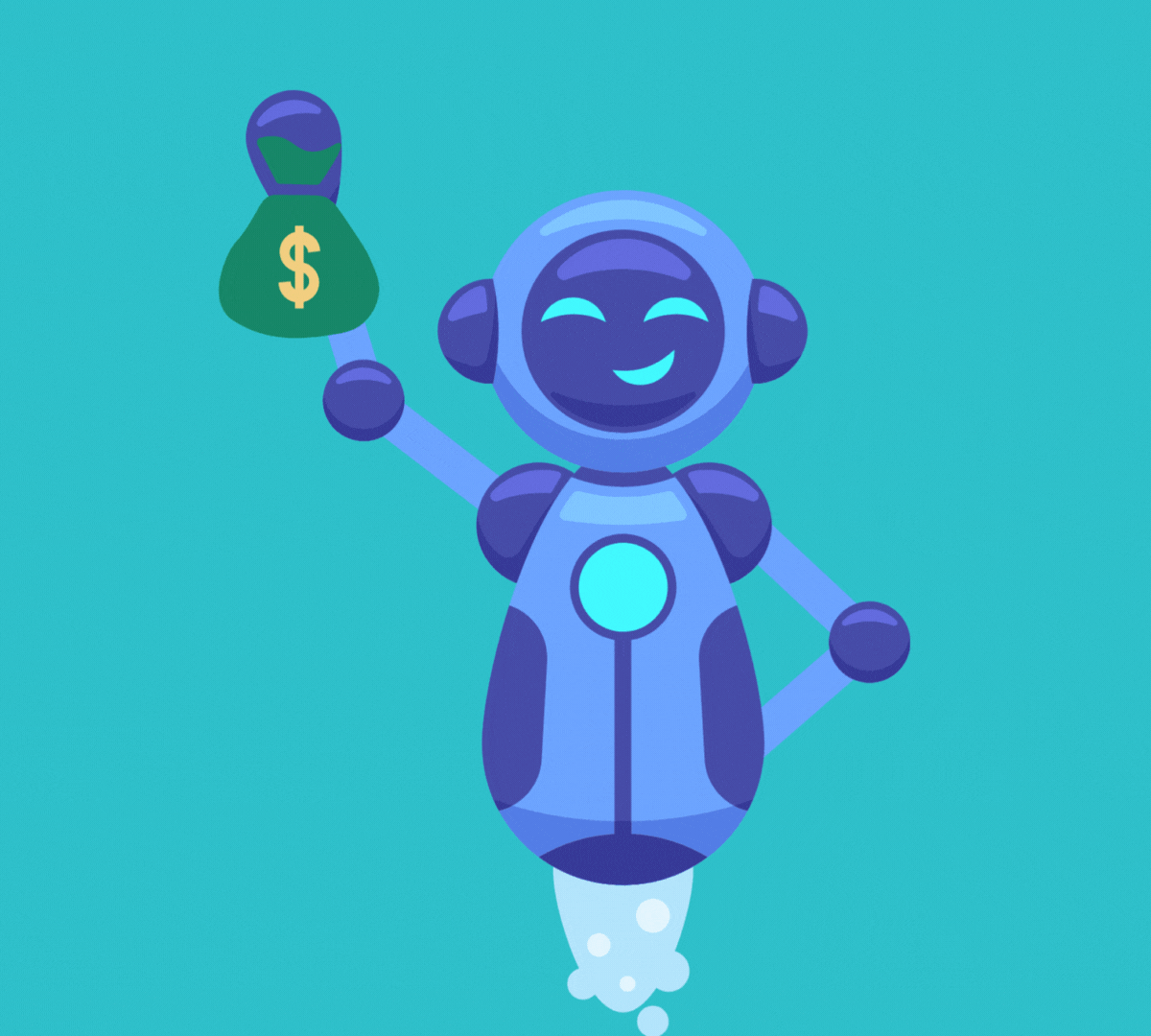 Ein Roboter, der einen Sack mit Geld hochhält.