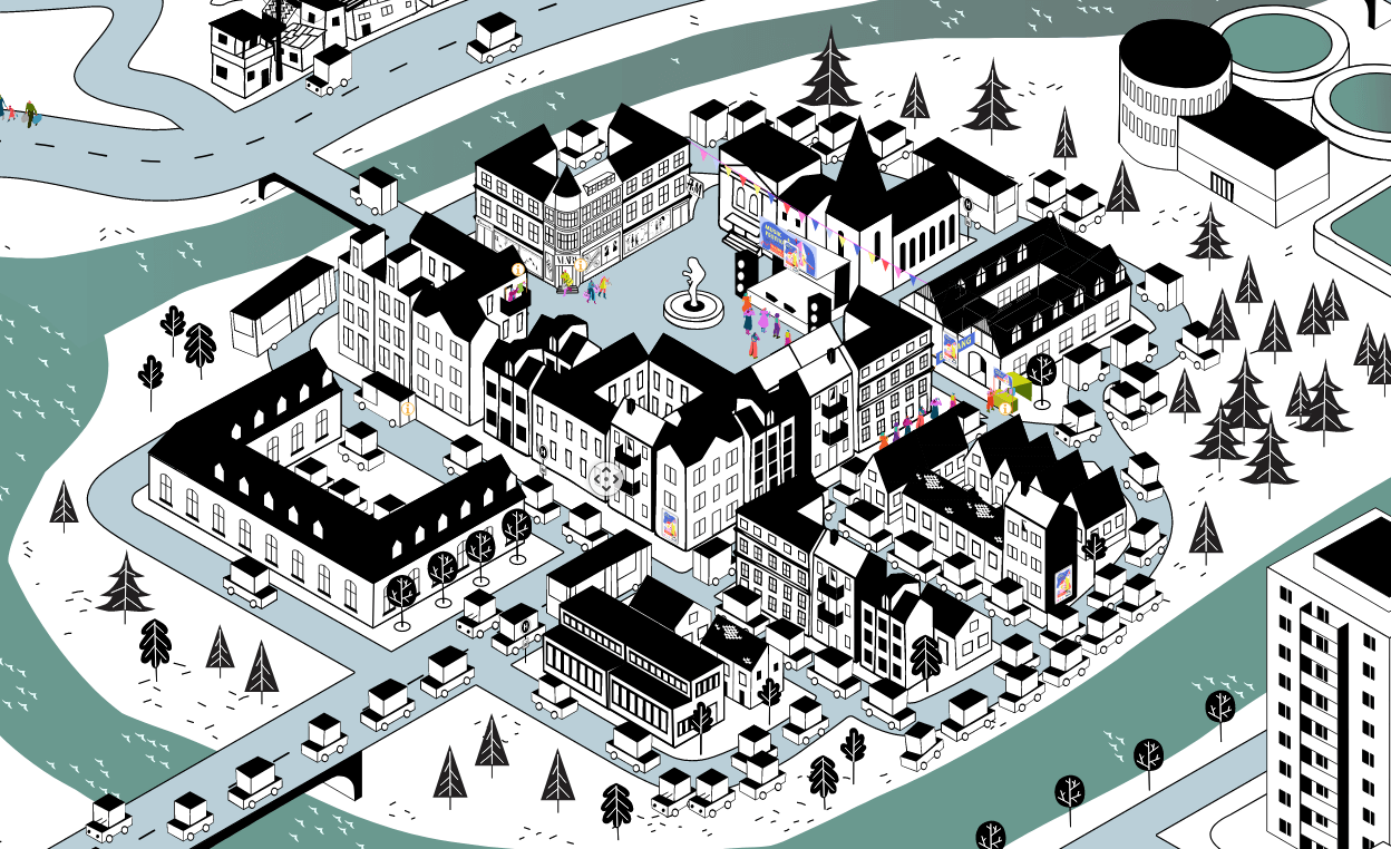 Here you can see a drawing of a downtown of the city, an old town with historic buildings.