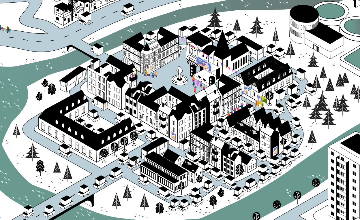 Hier sieht man eine Zeichnung von einer Innenstadt der Stadt, eine Altstadt mit historischen Gebäuden.