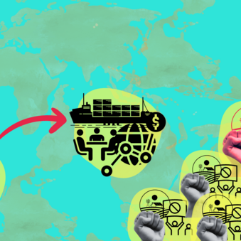 Bild von Weltkarte im Hintergrund. Schiff aus Kolonialzeiten mit Pfeil auf modernem Containerschiff und Bild von Faus die Widerstände Symbolosiert