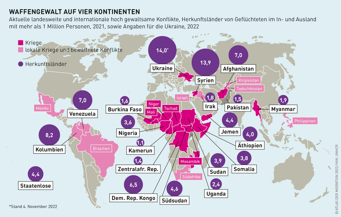 Weltkarte zu Konflikten mit Waffengewalt und Aufschlüsselung, von wo Menschen geflohen sind. Hauptsächlich Sahelzone etwas nördlich vom Äquator in Afrika und in Asien wie Afghanistan und Syrien, aber auch in Südamerika.