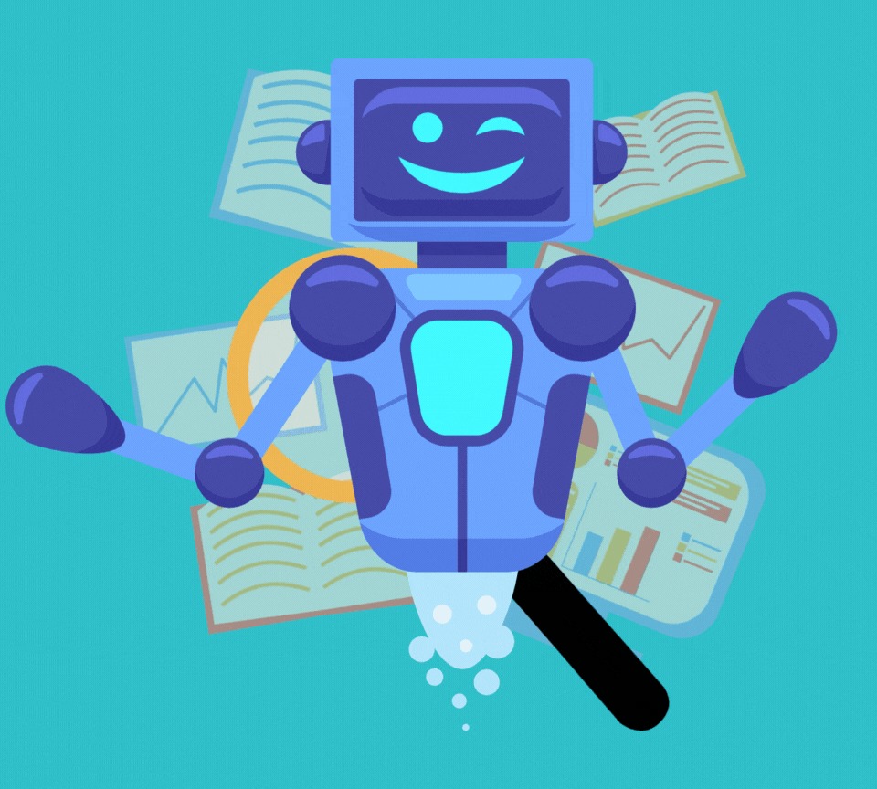 A robot with arms raised in front of a magnifying glass and books.