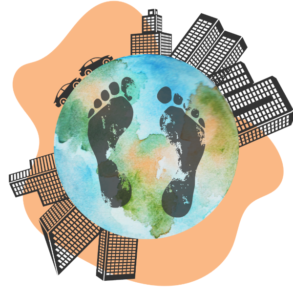 Illustration of an earth with buildings on it, a footprint in the center.