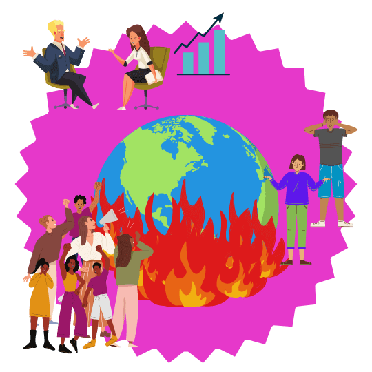A burning globe with different people.