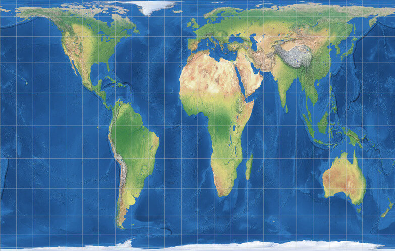 Die Gall-Peters-Projektion stellt die Welt im Maßstab der Fläche genauer dar, dadurch werden allerdings die Winkel unsauber. Hier lässt sich eher verstehen, wie groß Kontinente im Vergleich zueinander sind.