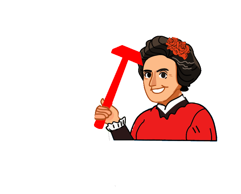 An animation of Rosa Luxemburg with a red hammer.