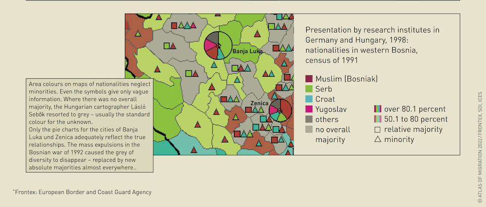 A map of Bosnia is shown. The respective regions are divided differently overall by five colors. Bar charts show the minorities of the regions, but only inaccurately and incompletely. Only for two cities are the actual proportions indicated by means of a pie chart. The accompanying text states that the mass expulsions in the Bosnian war from 1992 onward caused diversity in the country to disappear - due to new absolute majorities almost everywhere.