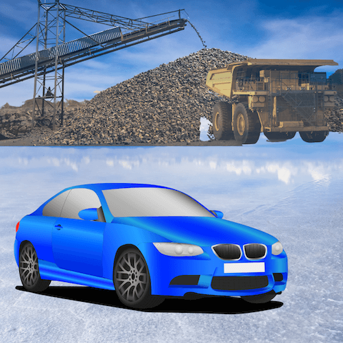 Graphic of a blue fancy car against the background of a mine.